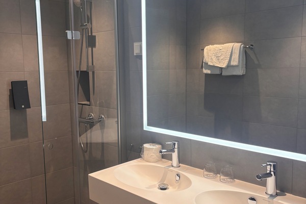 Habitación familiar (Standard) | Baño | Ducha, secador de pelo, suelo radiante y toallas