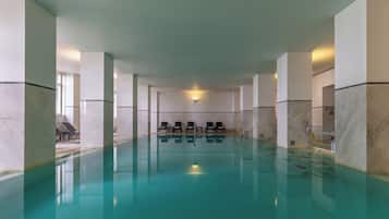 Indoor pool, outdoor pool, pool loungers
