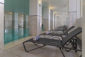 Indoor pool, outdoor pool, pool loungers