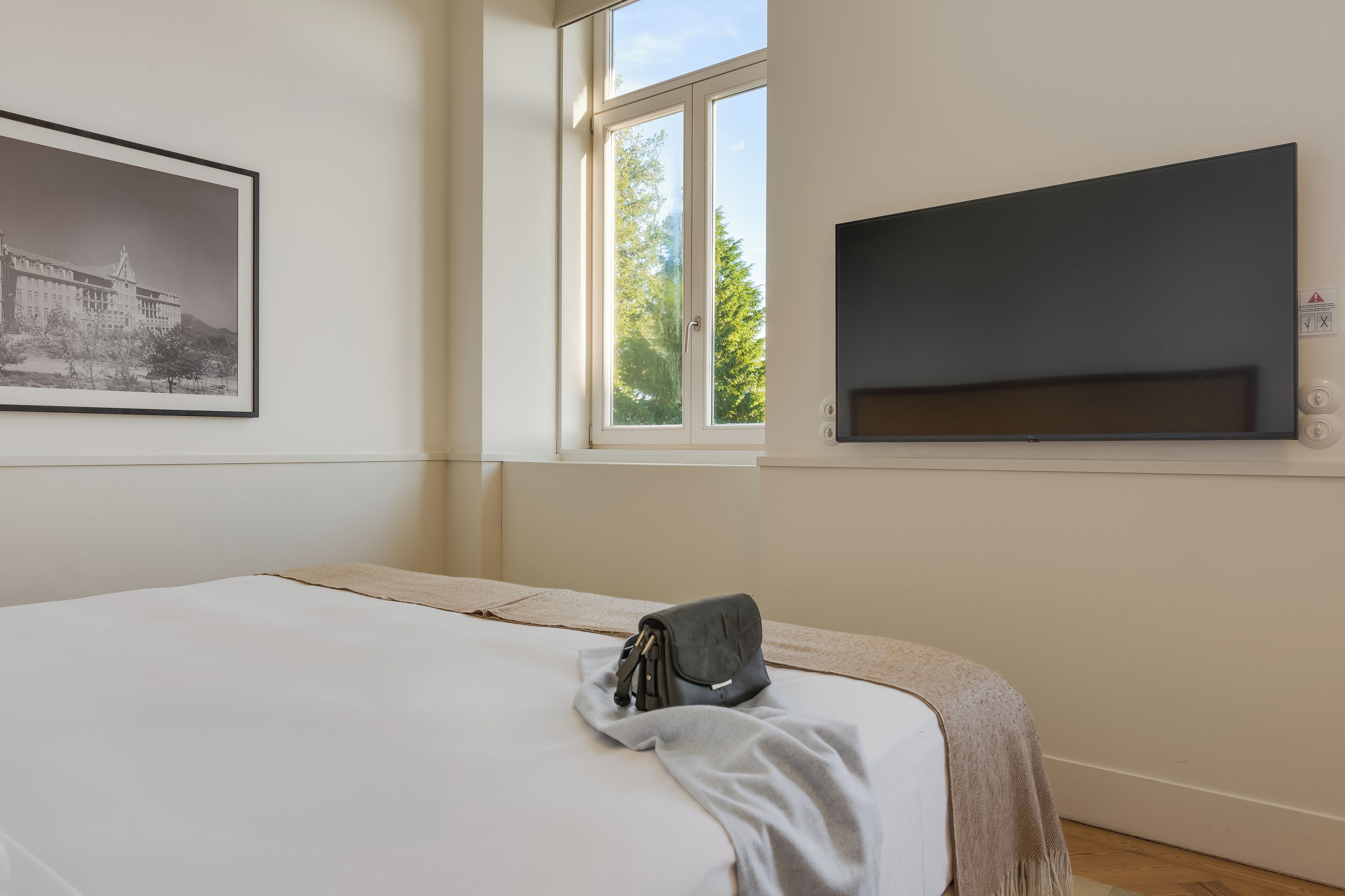 Habitación de hotel con una cama, un cuadro enmarcado en la pared, una ventana con vista a árboles y un televisor de pantalla plana montado en la pared.