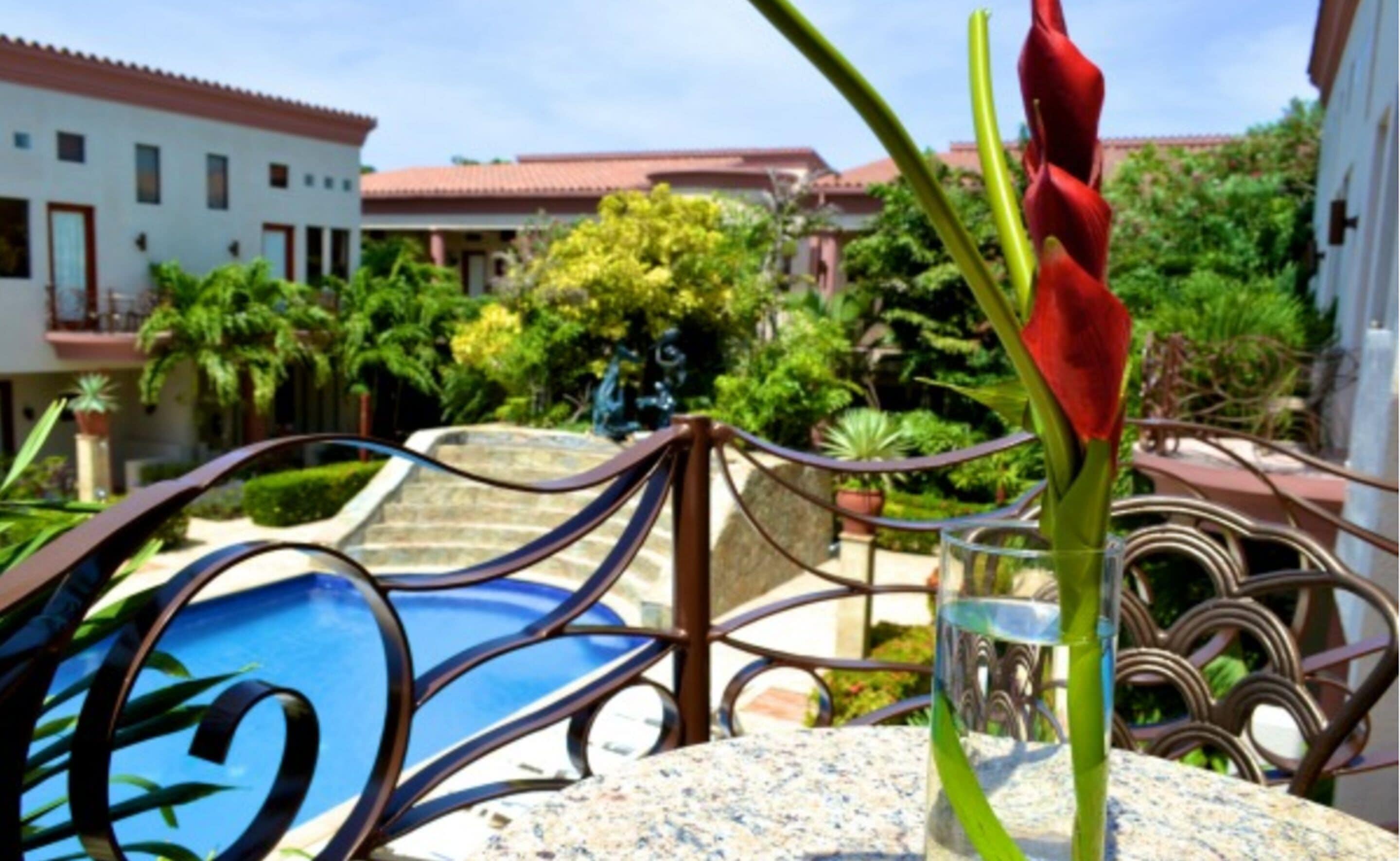A pool area with a metal fence, a red flower, and a building with a tiled roof in the background.