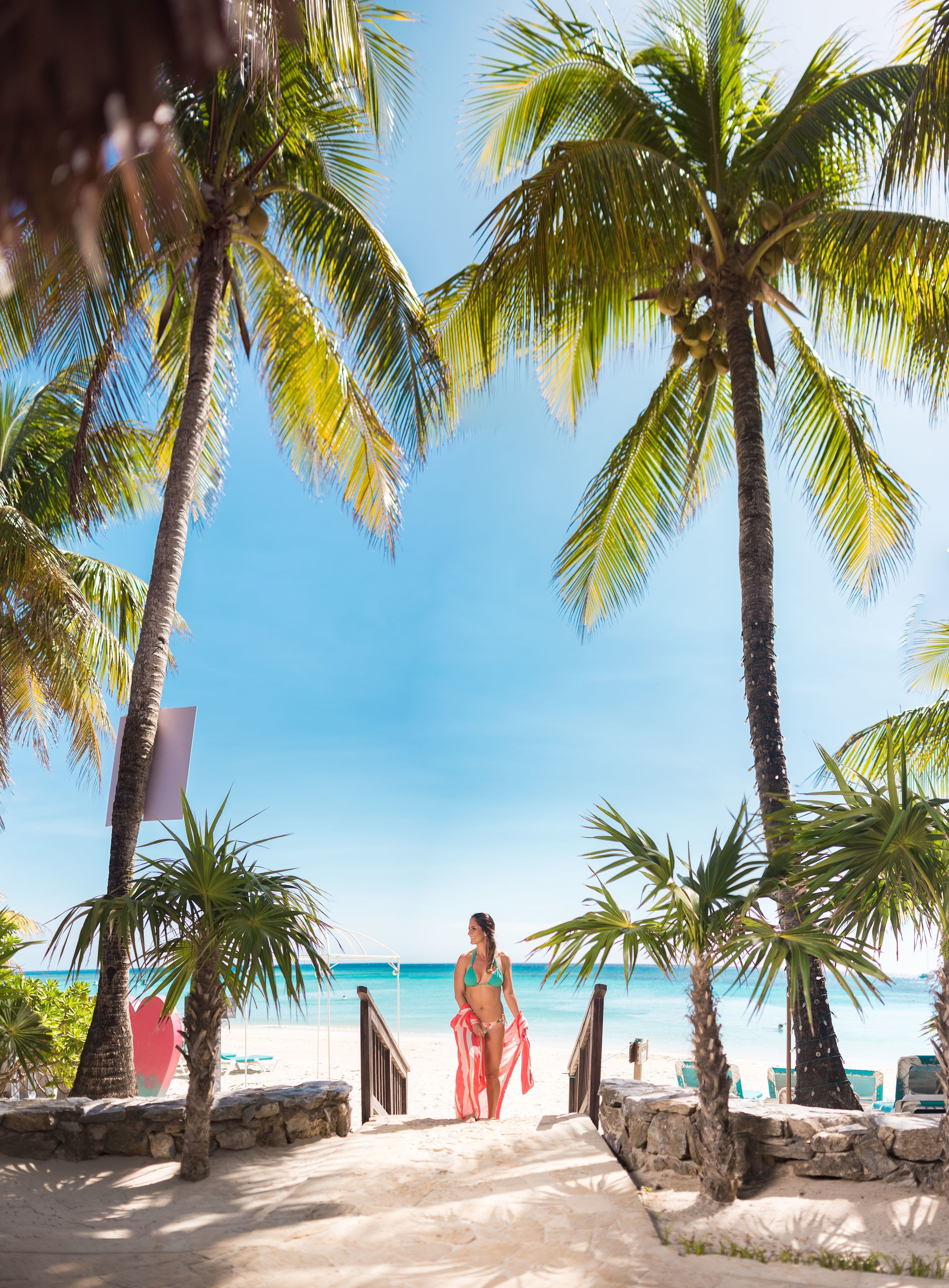 On the beach, white sand, free beach cabanas, sun-loungers