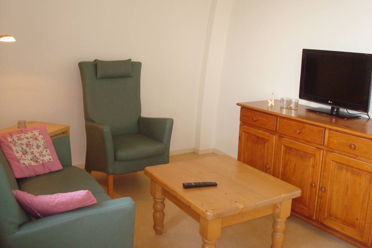 A living room with a green armchair, a wooden coffee table, a television on a wooden cabinet, and a small table with a remote control.