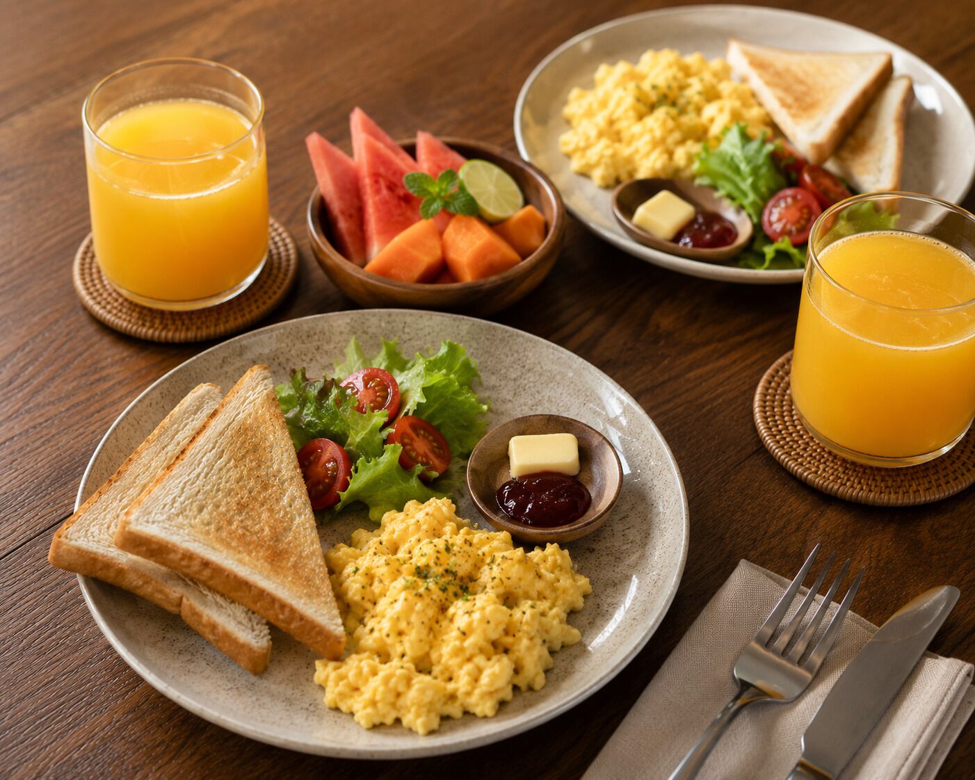 A breakfast setting with scrambled eggs, toast, a salad, and two glasses of orange juice.