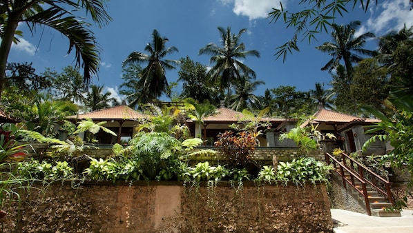 A tropical resort with multiple bungalow-style buildings, surrounded by lush greenery and palm trees.