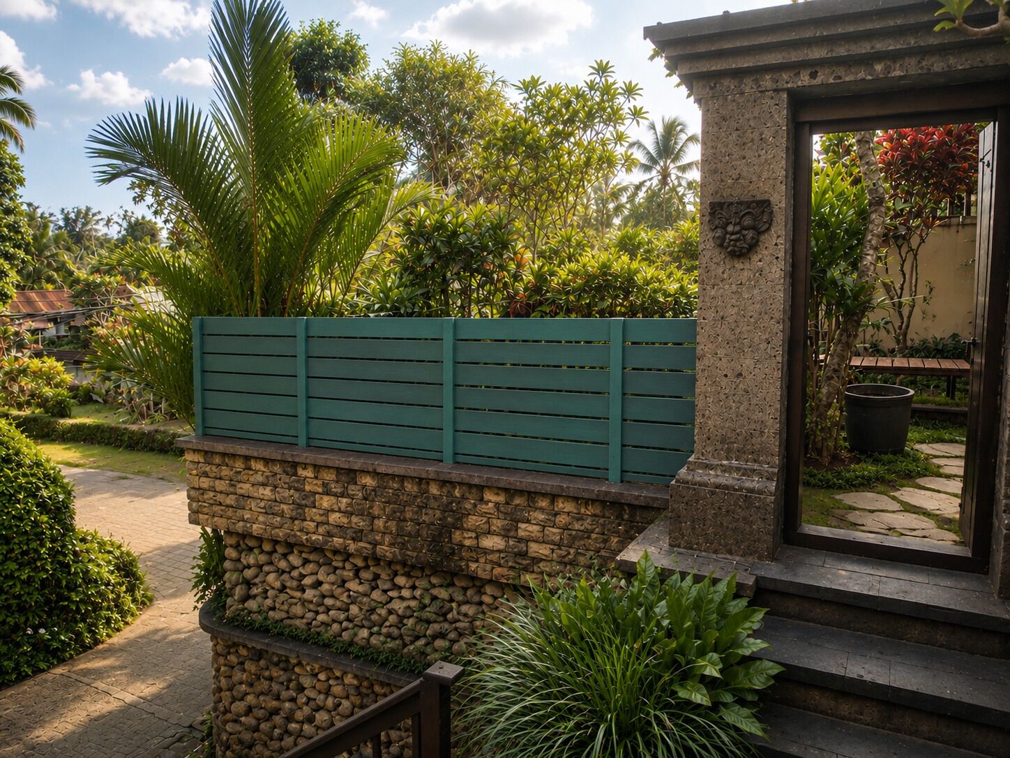 A stone wall with a green fence and a stone pillar with a plaque.