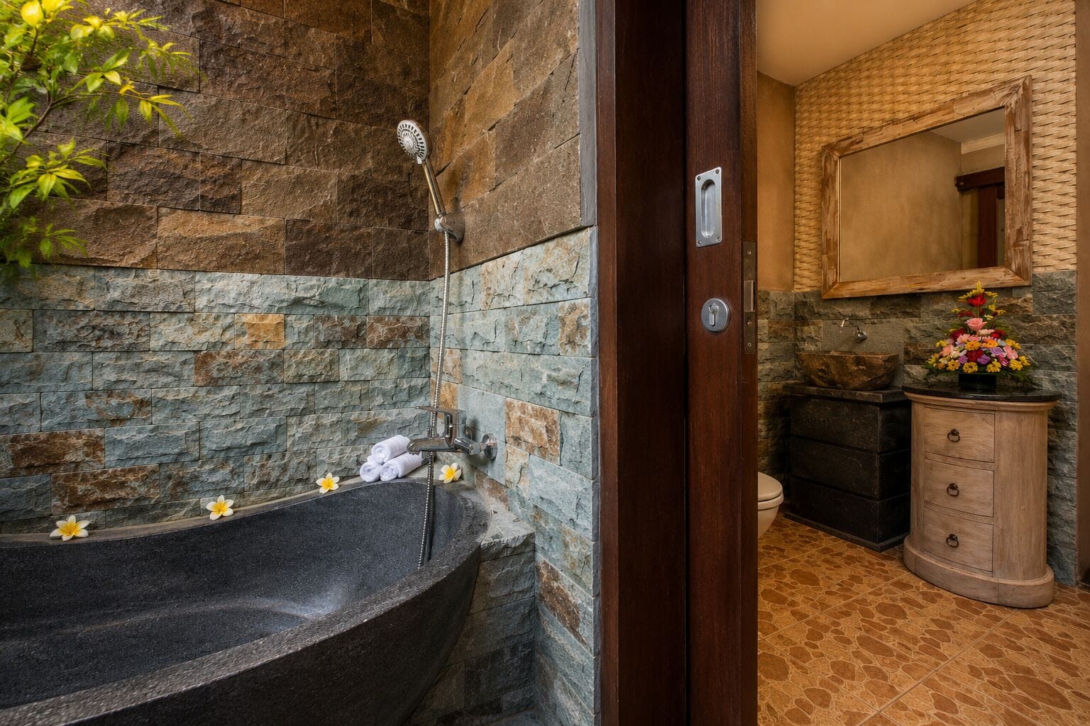 Un baño con pared de piedra, una bañera independiente, un tocador de madera y un espejo.