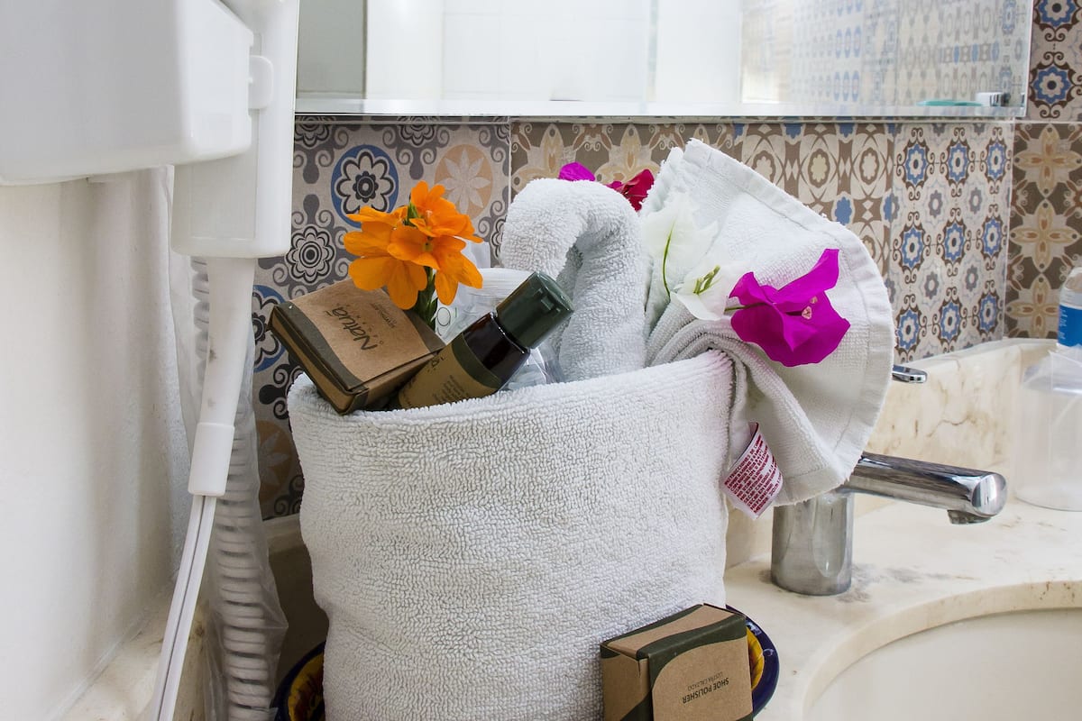 Shower, free toiletries, hair dryer, towels