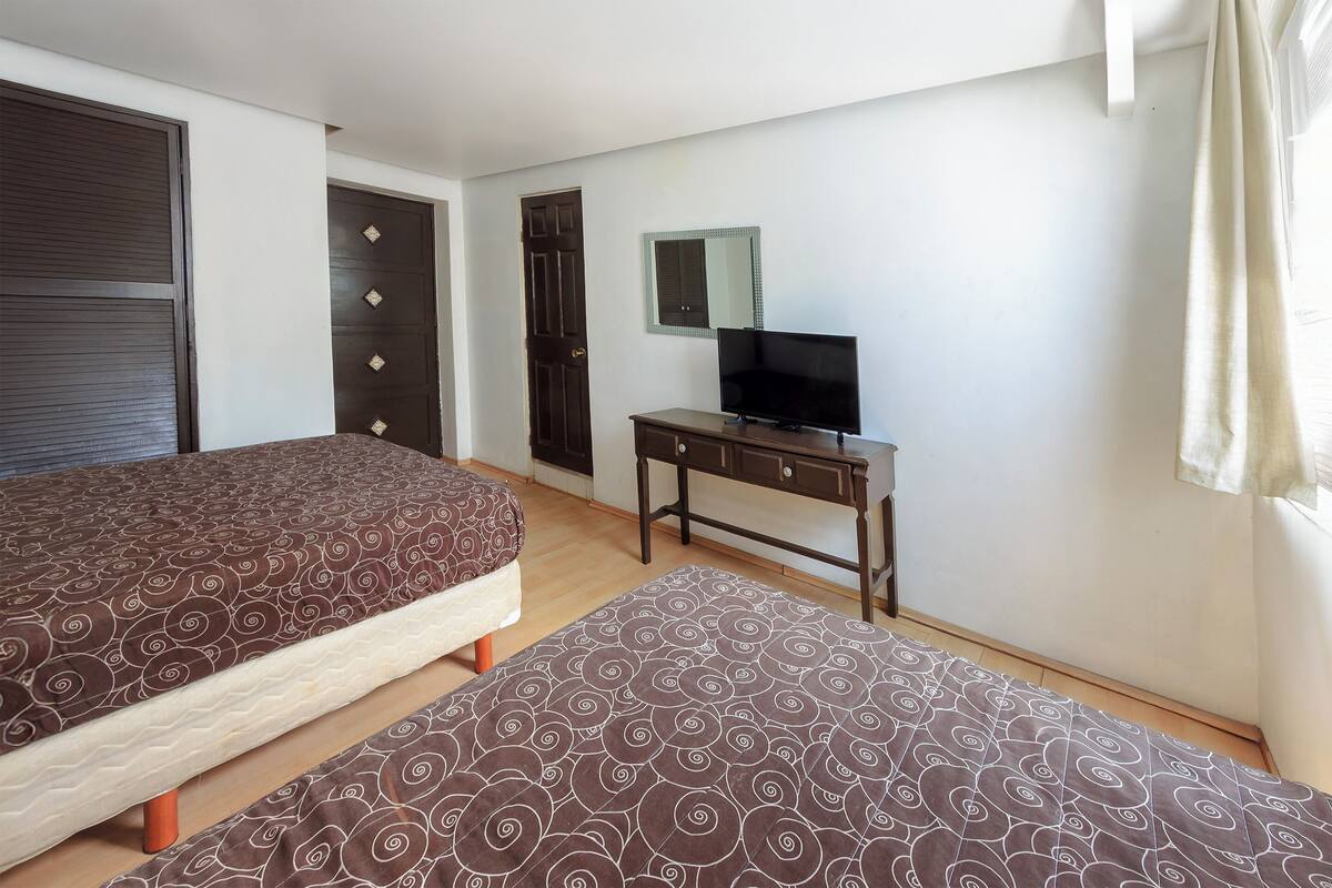 A room with two beds, a TV on a stand, a mirror, and a door.