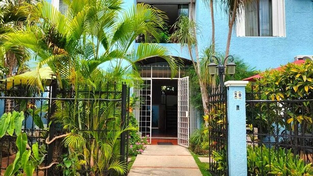 A blue building with a gated entrance, surrounded by lush greenery and palm trees.