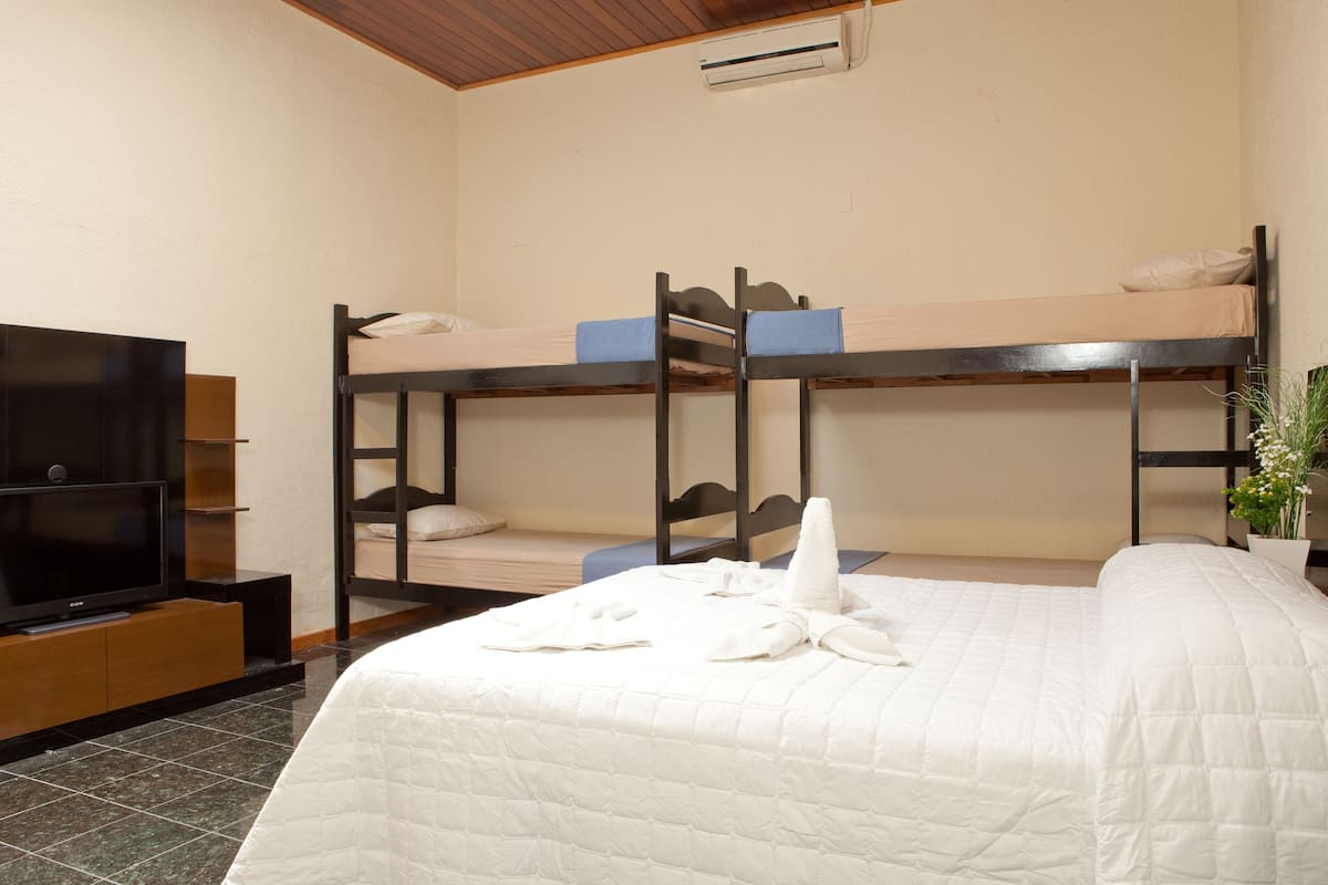A bunk bed room with a television on a wooden stand, a potted plant, and a white quilted bedspread.
