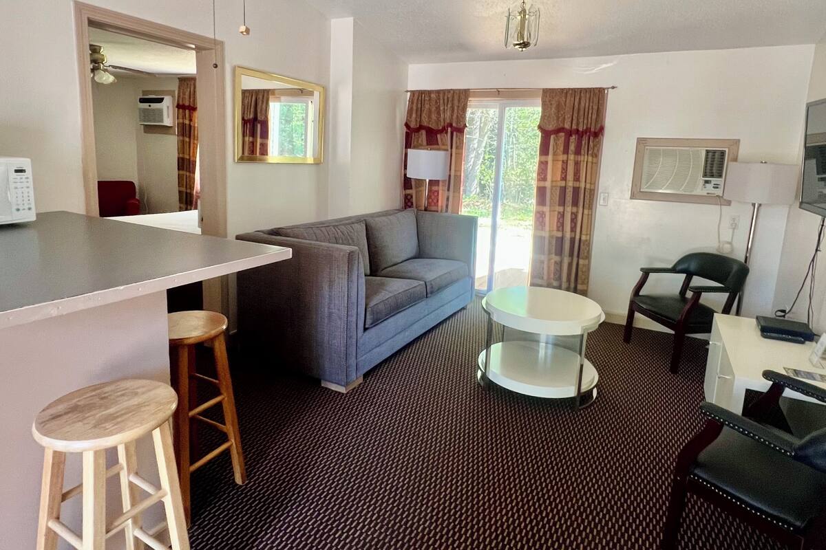 A compact living space with a kitchenette, a sofa, a dining table, and a TV.