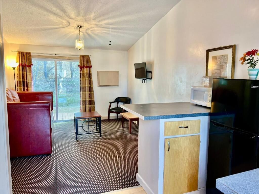 Ett kompakt bostadsutrymme med ett litet kök, en matplats och en sittgrupp med soffa och fåtöljer.