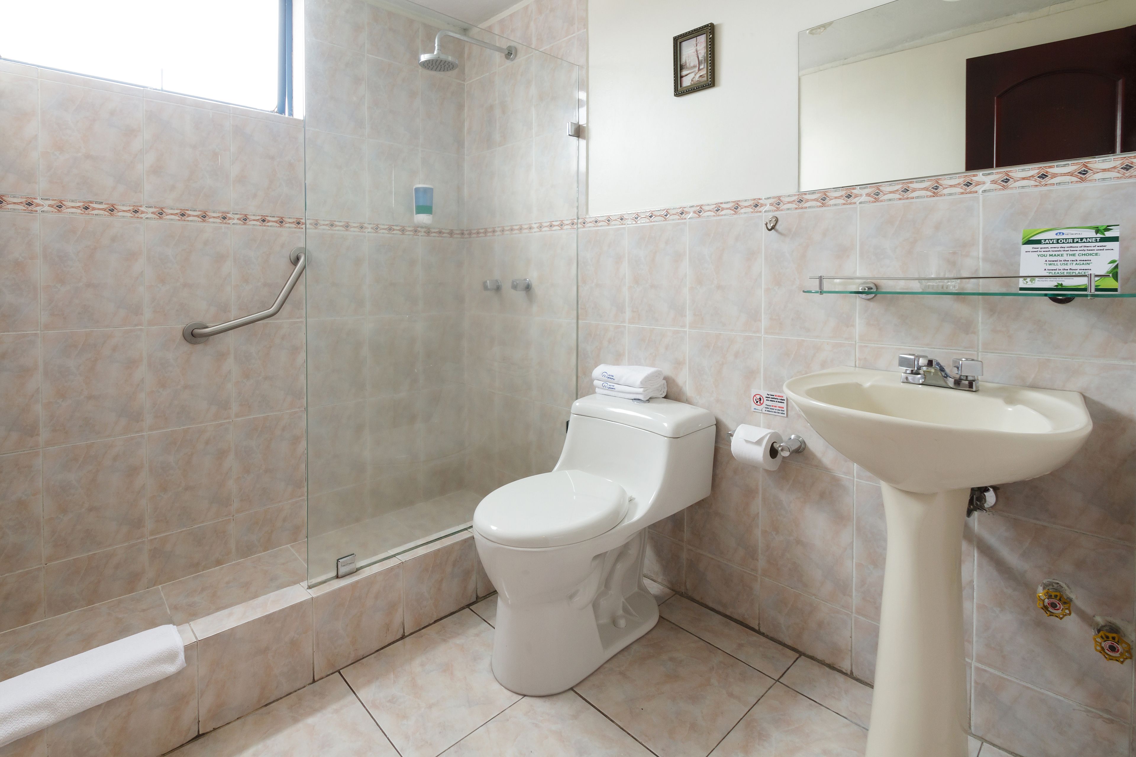 standard double room | bathroom | shower, free toiletries, hair dryer, towels