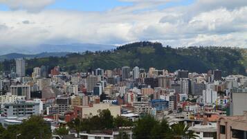 Un paisaje urbano con un grupo denso de edificios, un fondo montañoso y un cielo despejado.