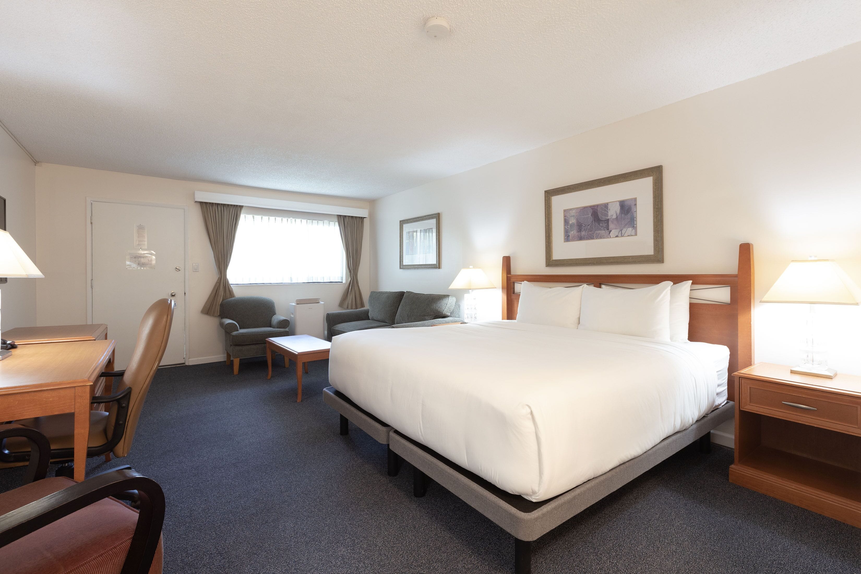 A hotel room with a large bed, a desk, a chair, and a small table.