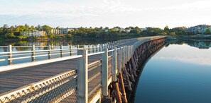 A wooden pier extending into calm water, with a chain-link fence on one side and a metal railing on the other.
