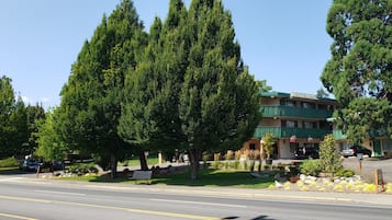 A building with a green roof, surrounded by trees and a well-maintained lawn.