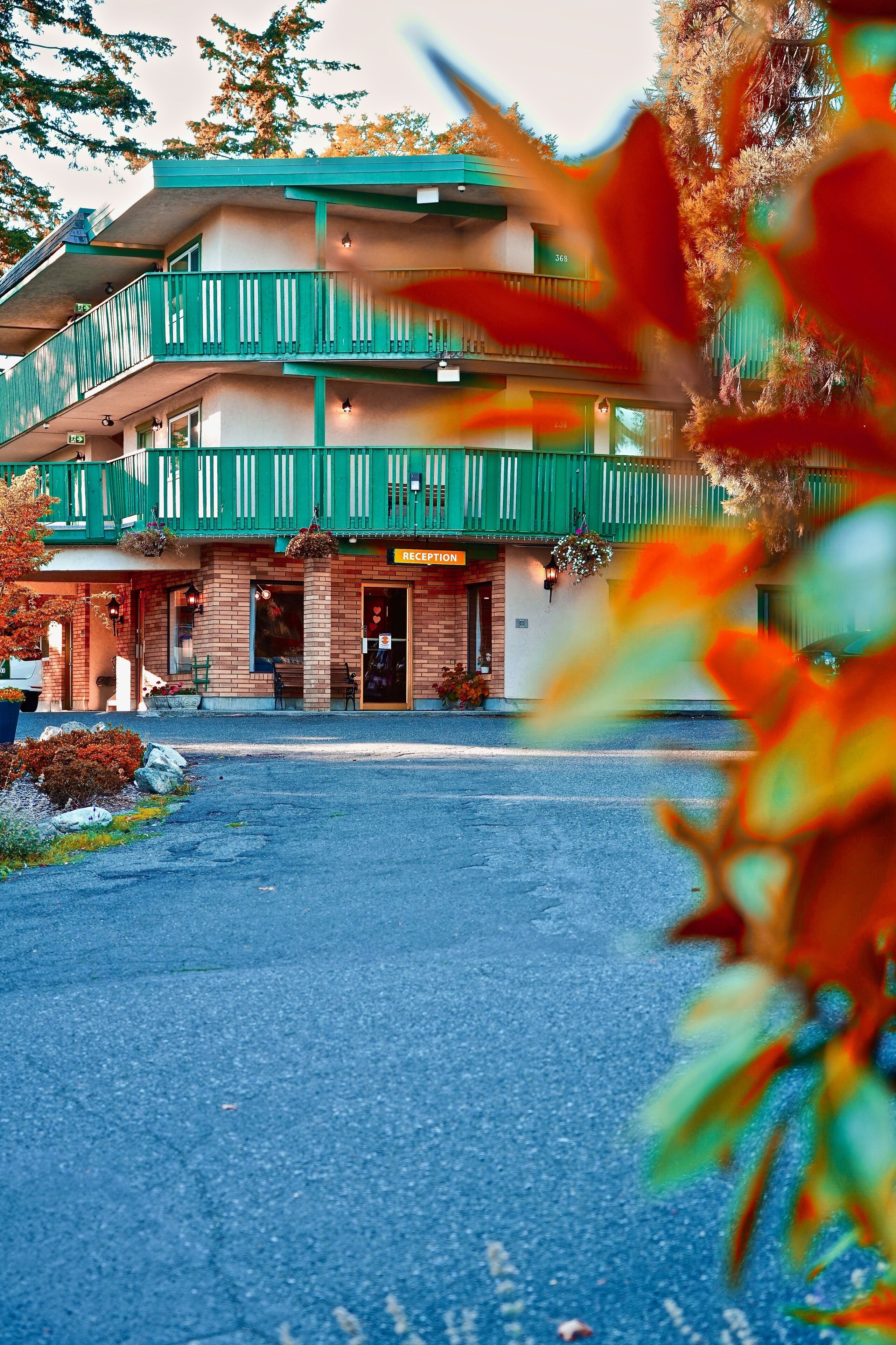 Un hôtel à l’extérieur vert et beige, doté d’un hall d’accueil et d’un parking.