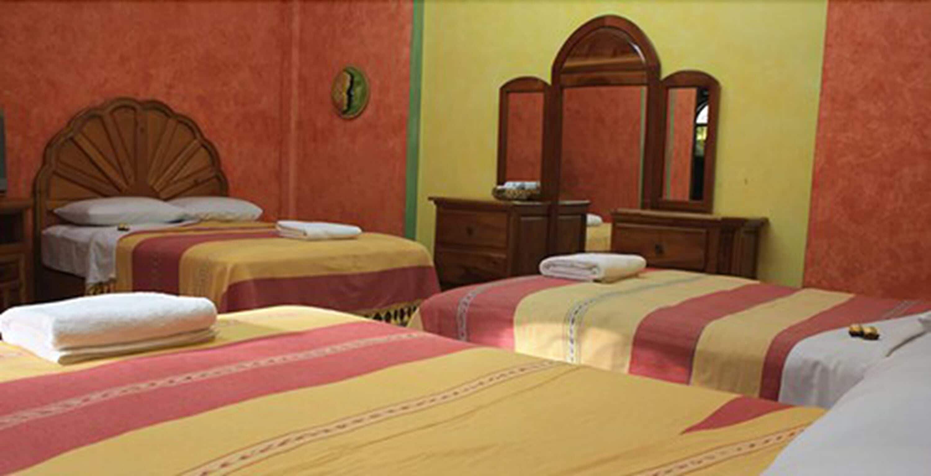 Habitación de hotel con dos camas, cabecera de madera, un espejo y una mesita de noche con lámpara.