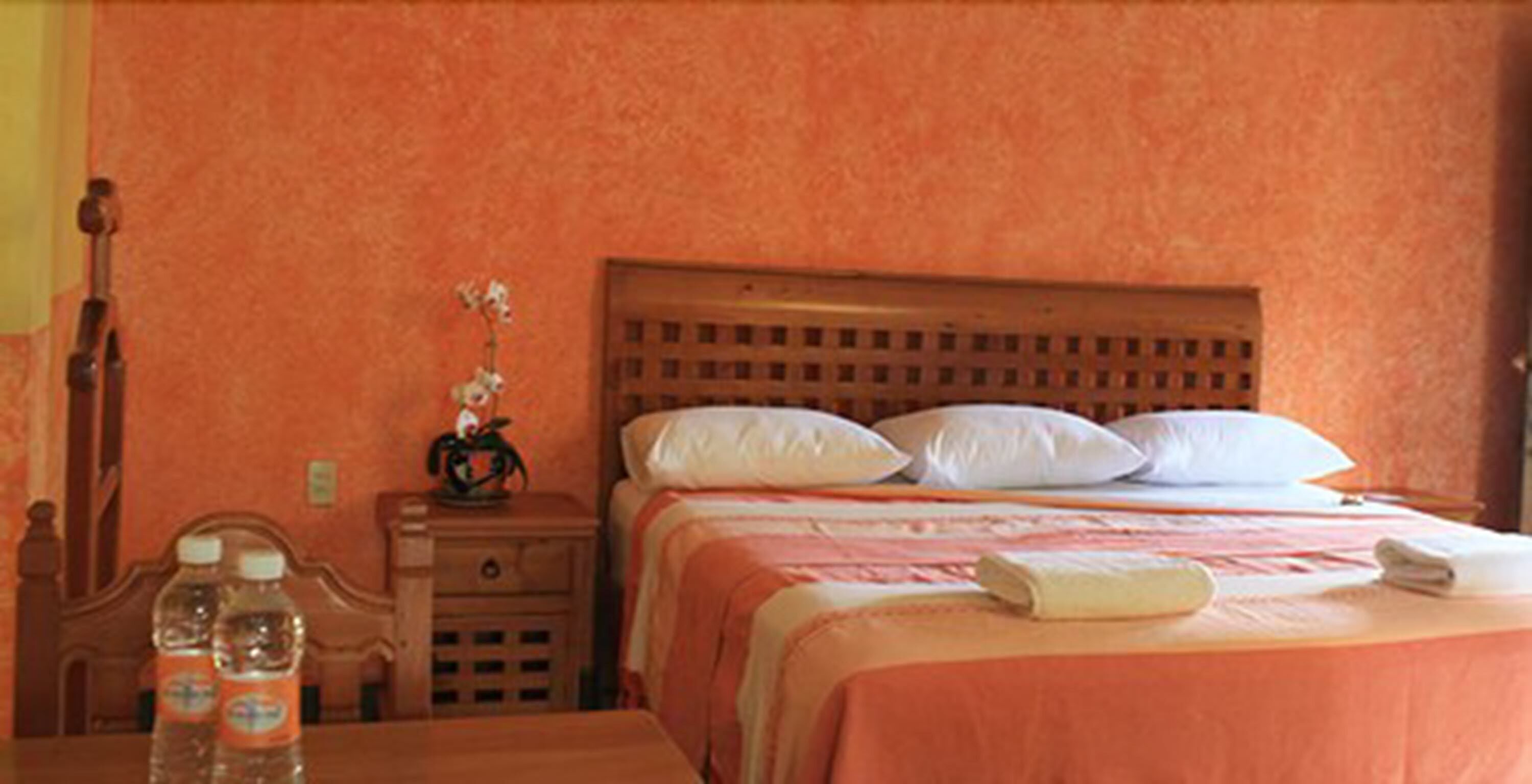 Quarto de hotel com cabeceira de madeira, cama com roupa de cama branca e rosa, mesa de cabeceira com uma luminária e uma pequena planta, e uma mesa com duas garrafas de água.