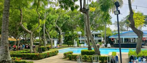A poolside area with a clear view of the pool, surrounded by trees and a building with a blue roof.