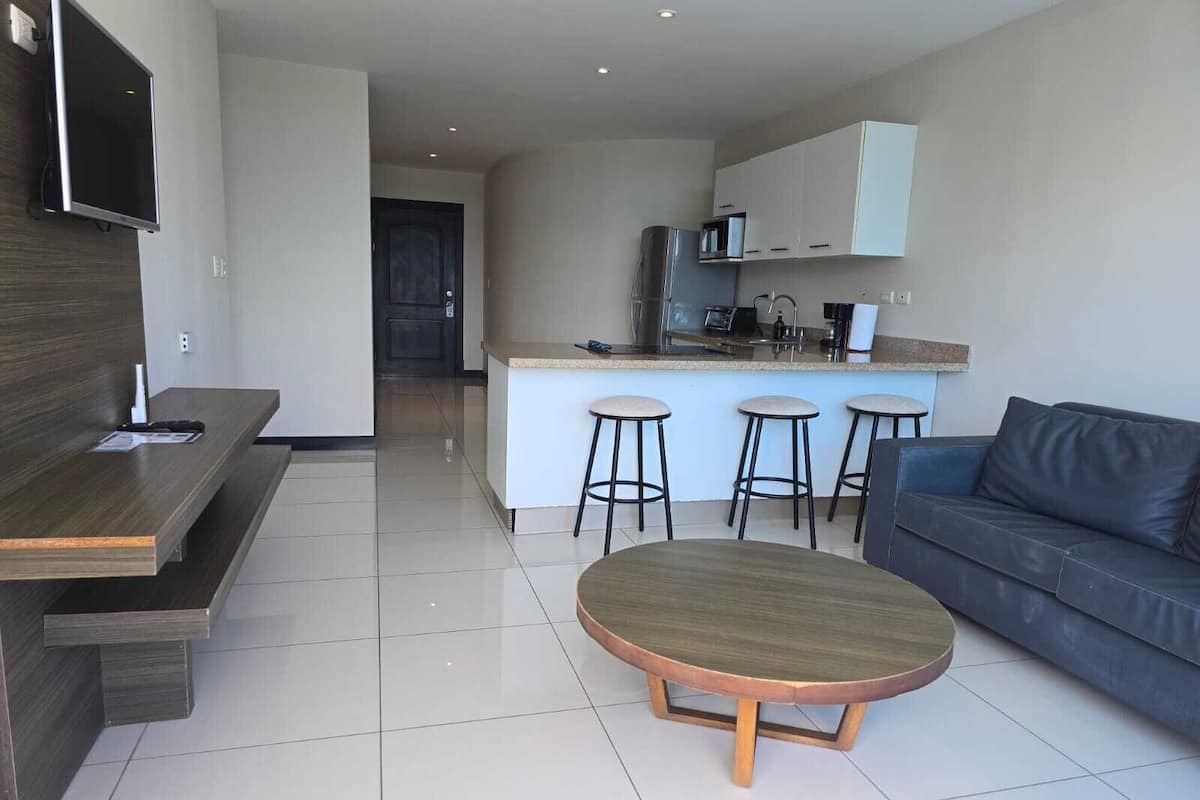 2 Bedroom Apartment with Balcony | Zona de estar | Televisión de plasma de 32 pulgadas con canales por cable