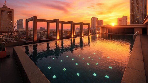 Una piscina en la azotea con vistas al atardecer, rodeada de rascacielos.