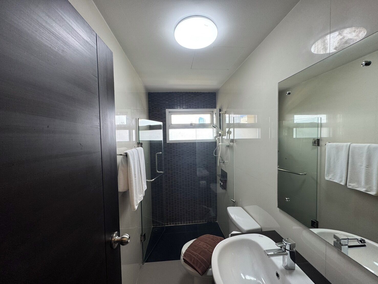 A modern bathroom with a dark tiled shower, a white sink, and a large mirror.