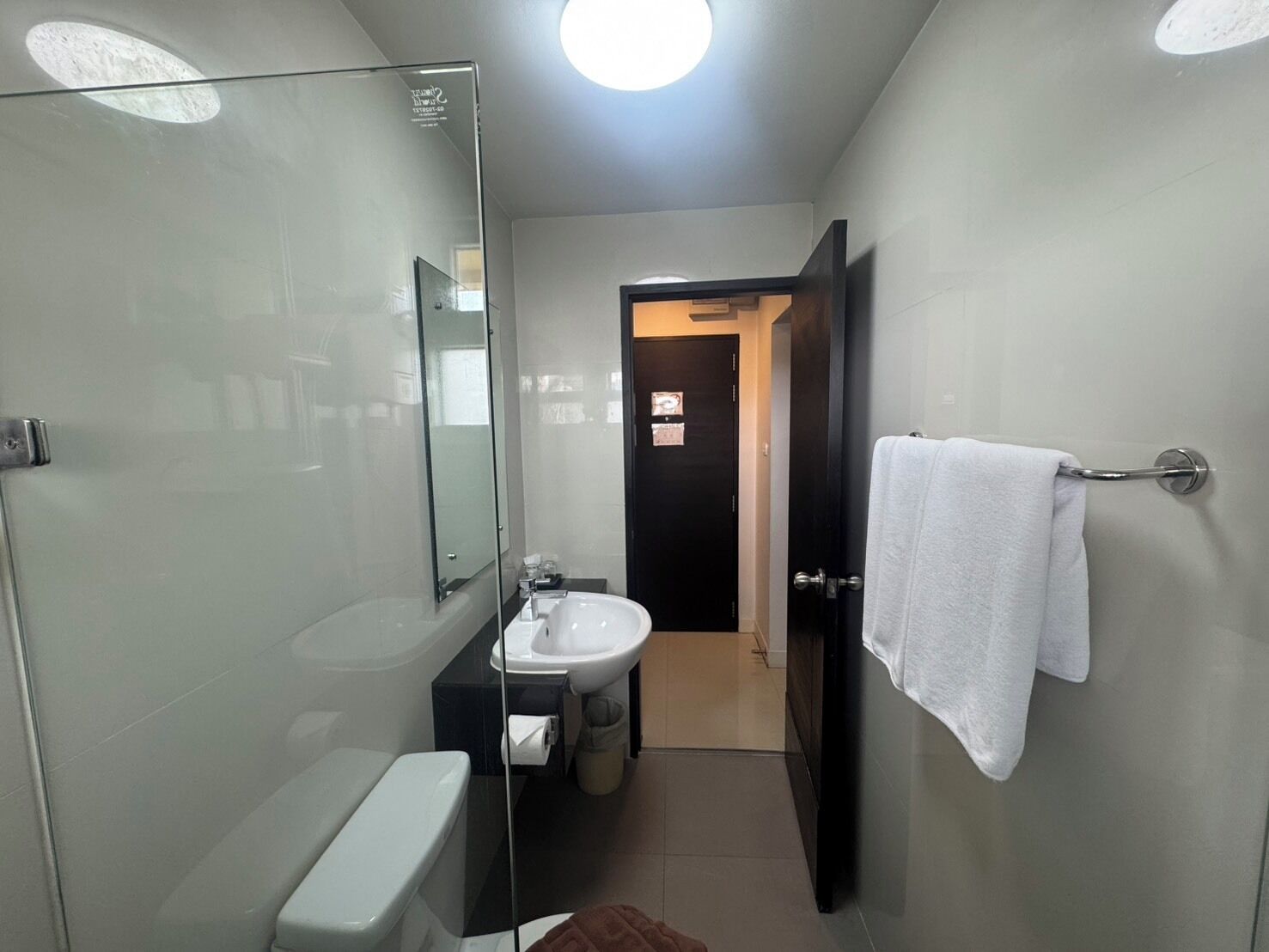 Ein kleines Badezimmer mit Duschkabine aus Glas, Toilette, Waschbecken und Handtuchhalter.