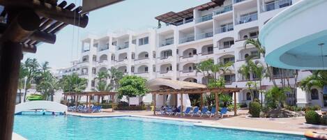 Outdoor pool, pool umbrellas, pool loungers