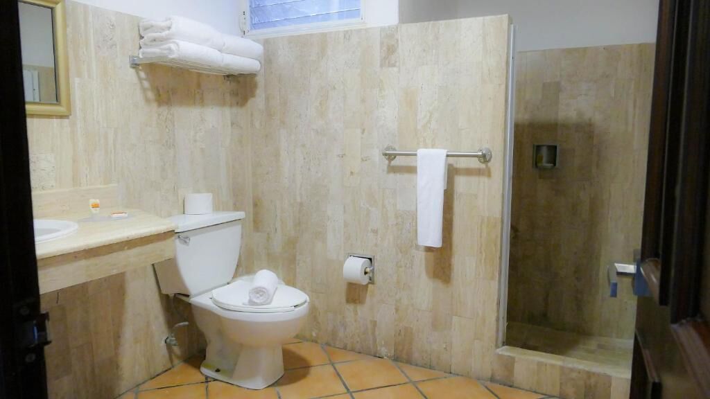 junior suite | bathroom | shower, hair dryer, towels