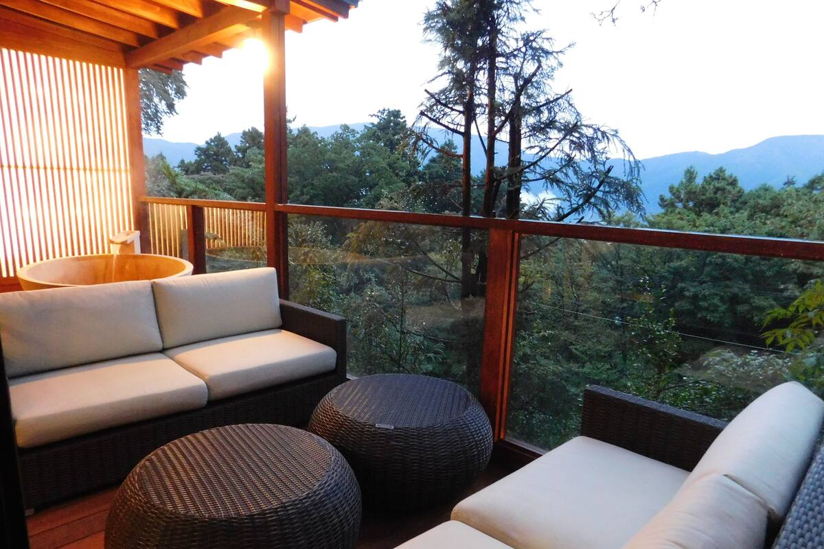 Un espace extérieur accueillant, aménagé avec des meubles en osier et des coussins, offrant une vue sur un paysage boisé.