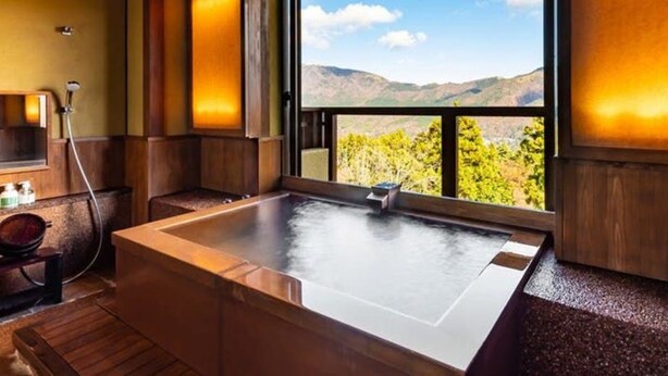 Un baño moderno con una bañera grande, paneles de madera, un espejo y vistas a las montañas a través de un ventanal.