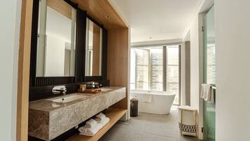 Shower, designer toiletries, hair dryer, bathrobes