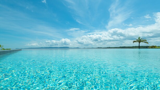 A clear blue pool with a palm tree on the right and mountains in the background. - Cove 55 (Kuching)