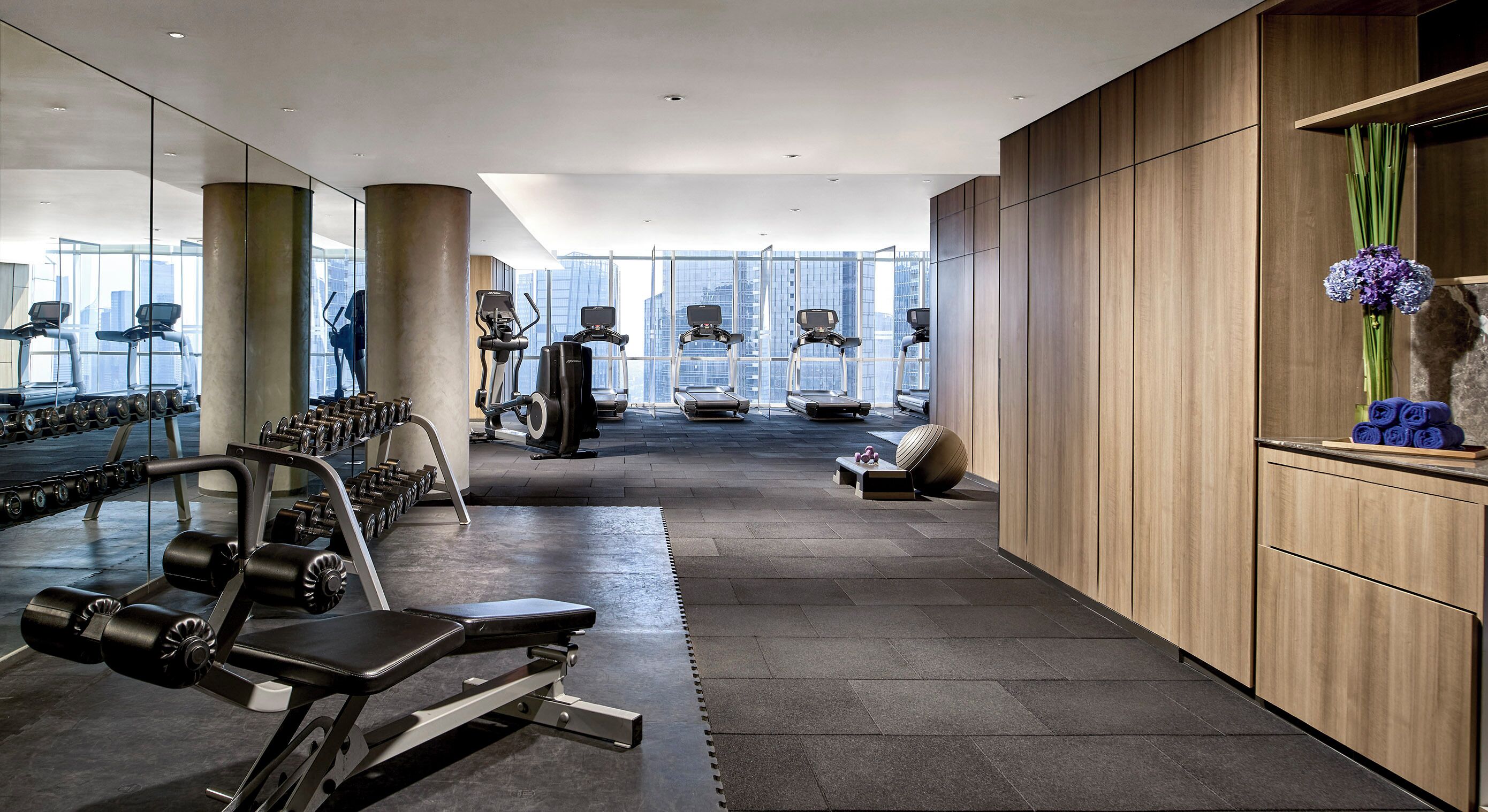 A modern gym with exercise equipment, large windows, and a view of the city.