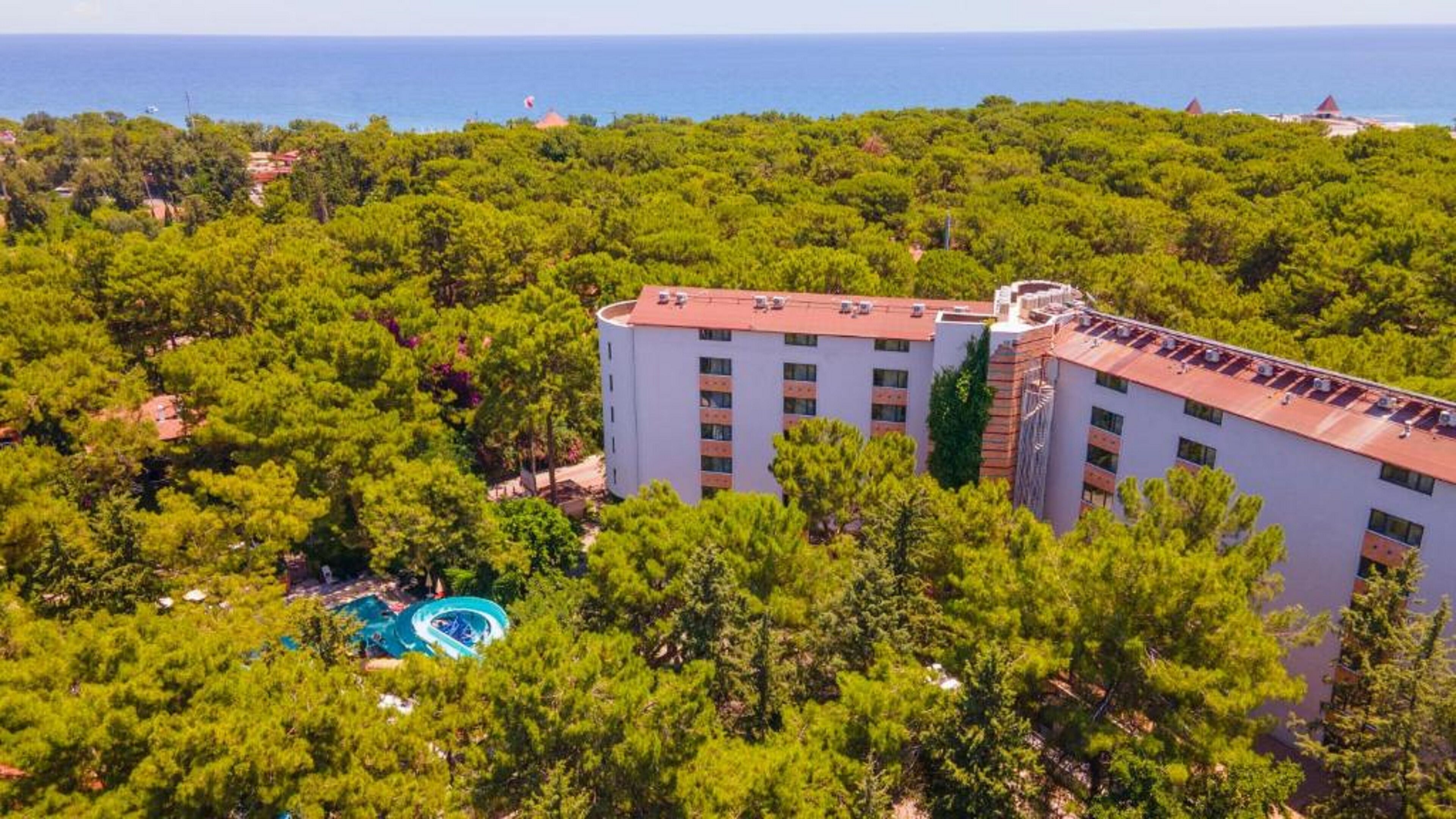 Un hotel con piscina rodeado de vegetación exuberante y vista al mar.