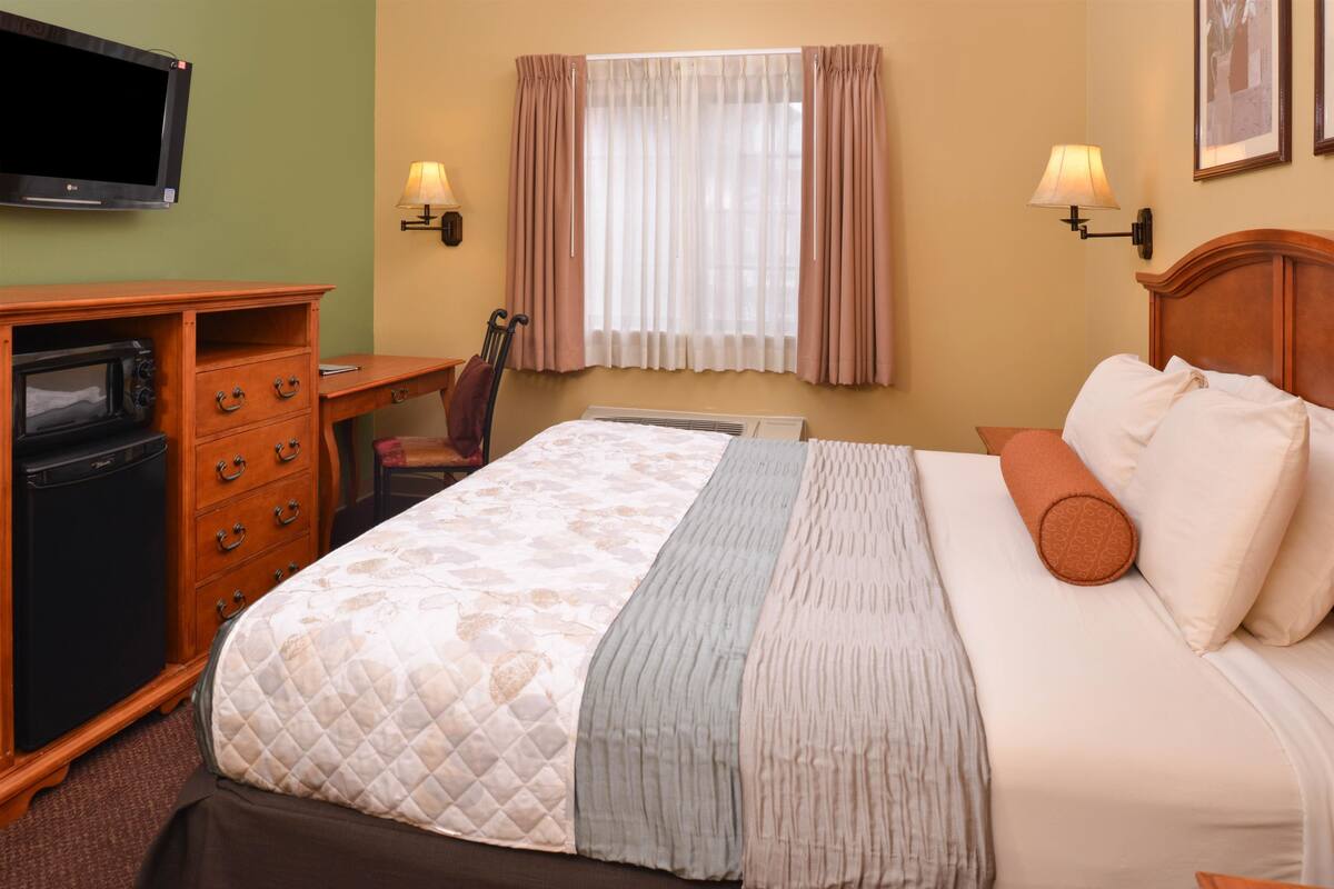 Une chambre d’hôtel équipée d’un lit, d’un bureau, d’une télévision et d’un four à micro-ondes.