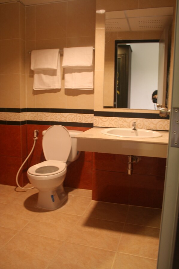 Une salle de bain avec des toilettes, un lavabo et deux serviettes accrochées au mur.