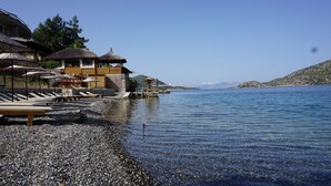 A beachside hotel with thatched-roof structures, sun loungers, and a dock extending into the water.
