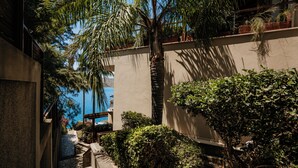 A narrow stone staircase leading to a balcony with a view of the sea, surrounded by lush greenery and a palm tree.