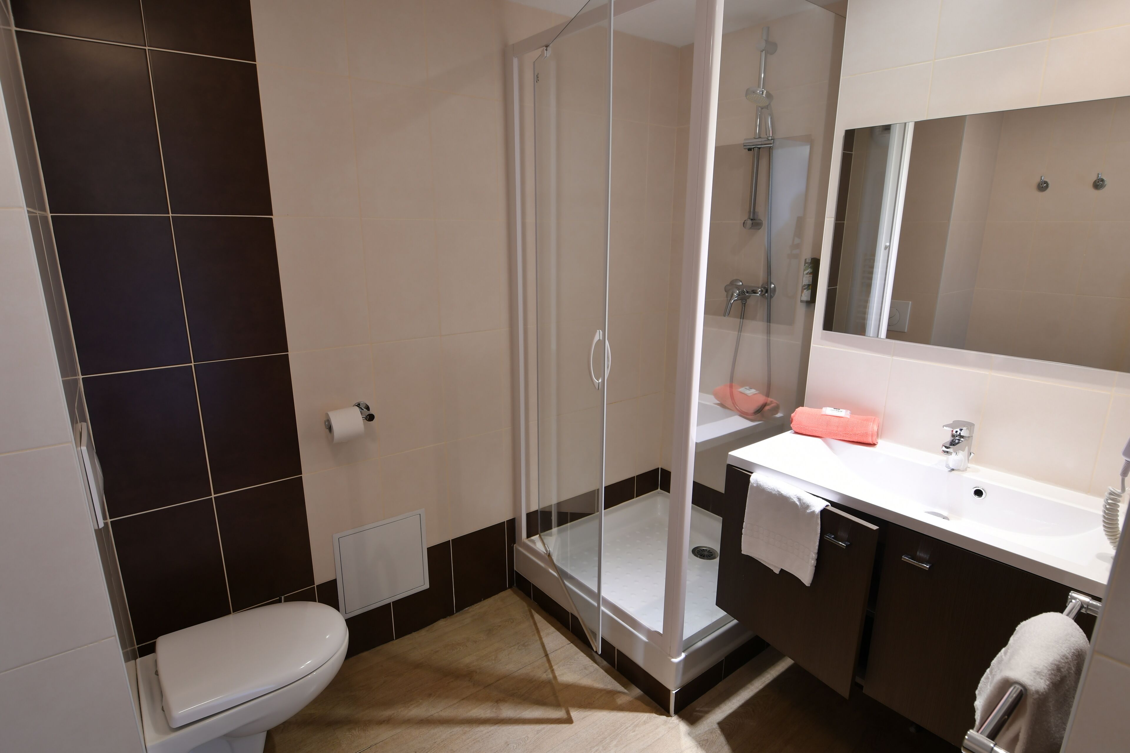 A modern bathroom with a glass-enclosed shower, a white sink, and a large mirror.