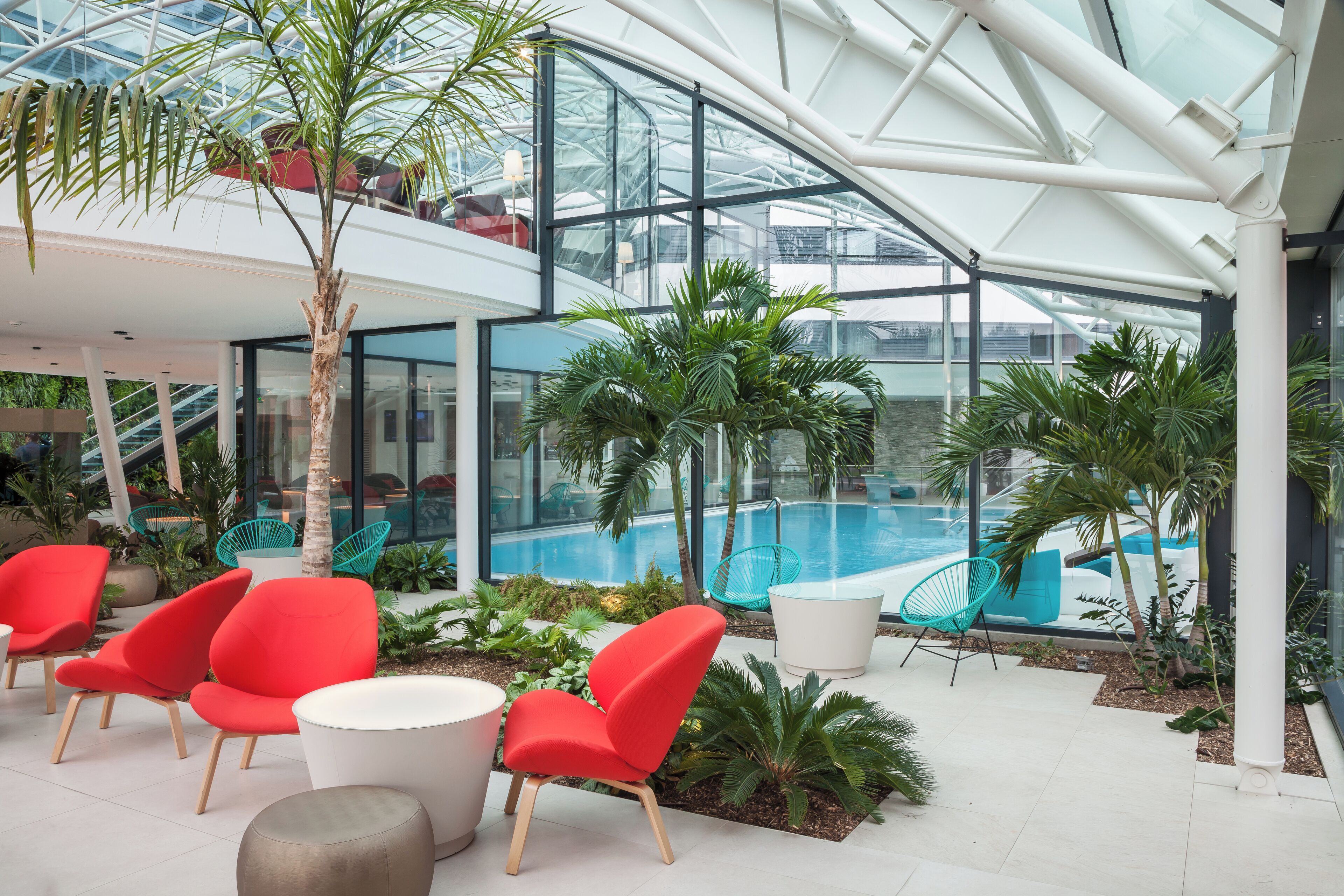 indoor pool, pool loungers