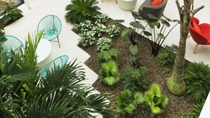 Un espace intérieur moderne doté d’un plafond en verre, de coins salon et d’un petit jardin.