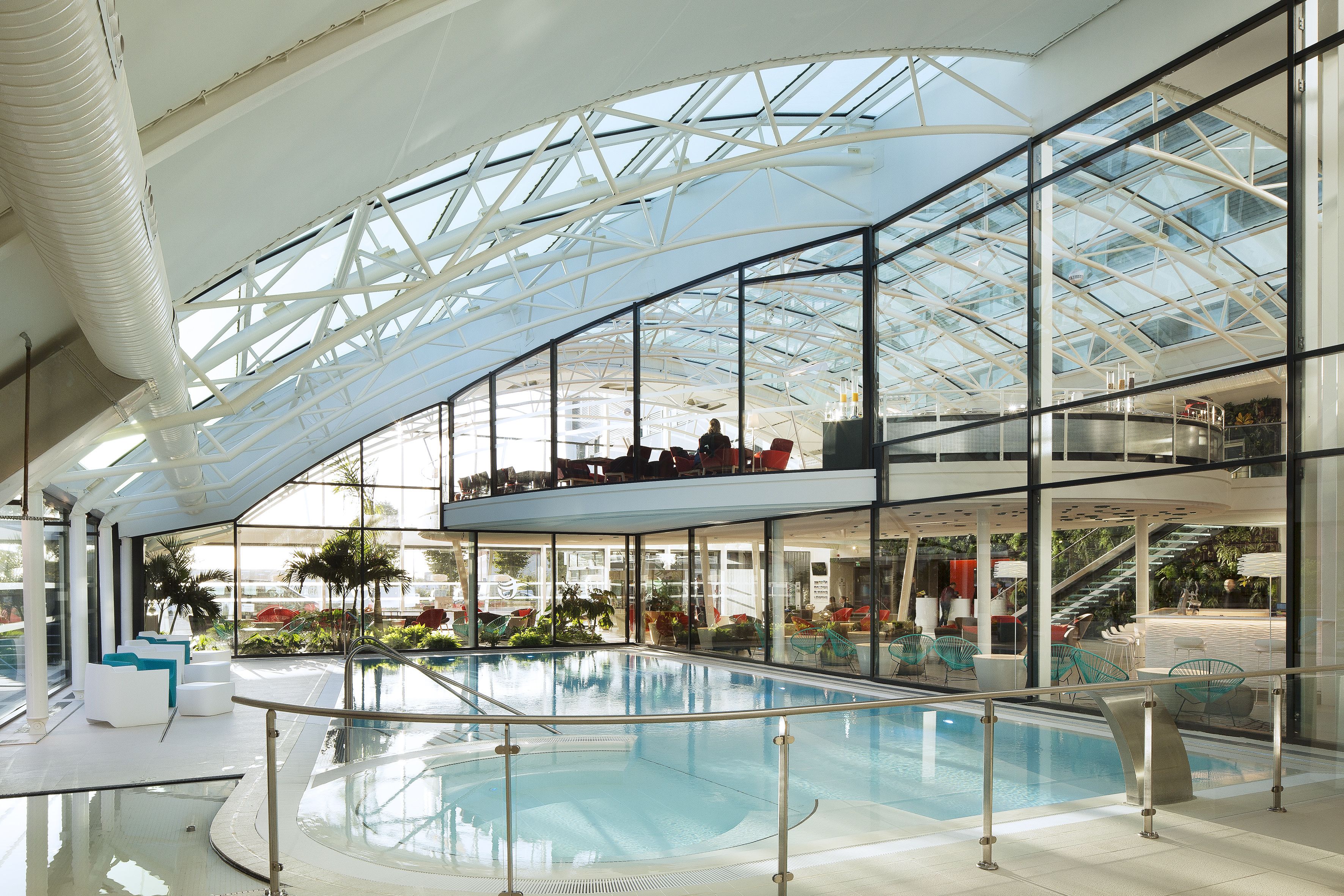 indoor pool, pool loungers