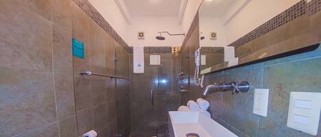 Een moderne badkamer met een inloopdouche, een ruime wastafel en een toilet.