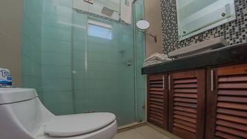 A bathroom with a toilet, a glass shower enclosure, and a wooden vanity with a mirror.