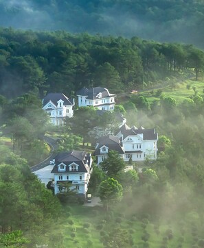 A cluster of large, white houses with dark roofs, surrounded by lush greenery and a winding road.