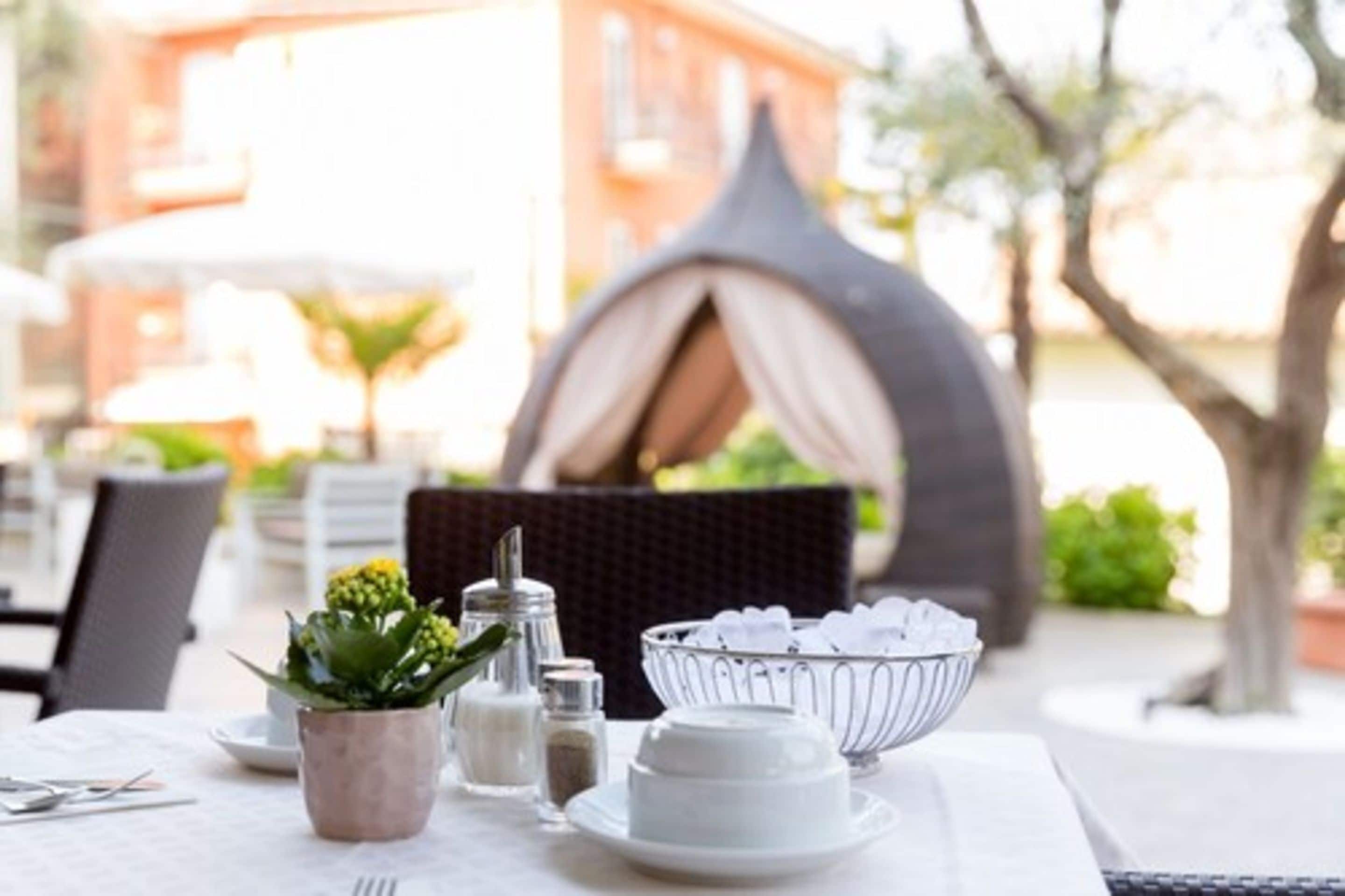 Un área de comedor al aire libre con una mesa preparada para dos, que incluye un helado, una planta pequeña, saleros y pimenteros, y un plato blanco.